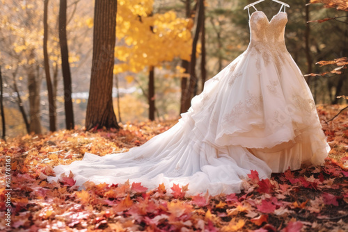 Close-up of a bride's lace wedding dress with fallen leaves in the background. 