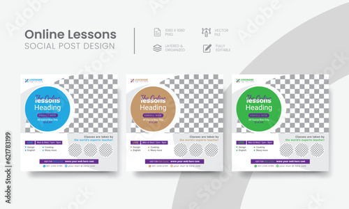 Effective online lessons social media post for commercial courses, or tutoring marketing. Customizable webinar lessons social web banner layout template. Vol - 13