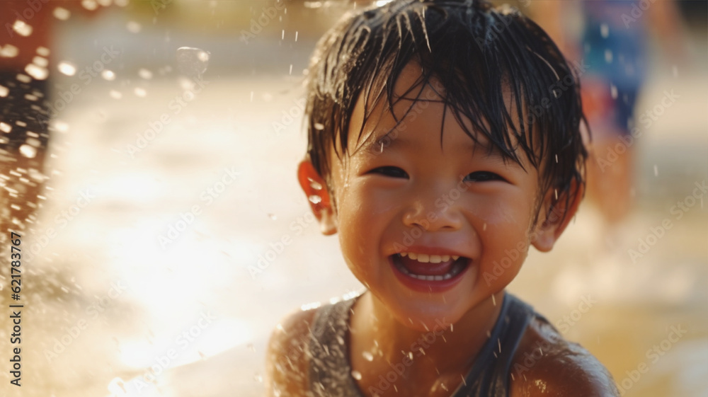 ビーチで楽しく遊ぶ子供 男の子 portrait of a child boy having a fun at beach. Created ...