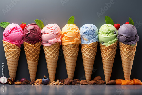 Various of ice cream flavour in cones blueberry, strawberry, pistachio, almond, orange on the grey background with berries
