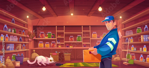 Cat and man in home larder holding box vector background room. Organise shelf in pantry storage with jar, mop, preservation, wooden floor and male character in cap. Basement game scene with pet