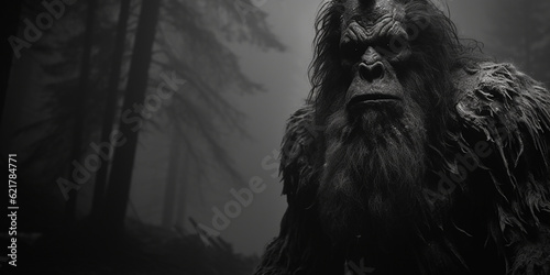Black and white portrait of a Bigfoot wood ape in a North American forest at night. Sasquatch in the woods banner. Generative AI illustration
