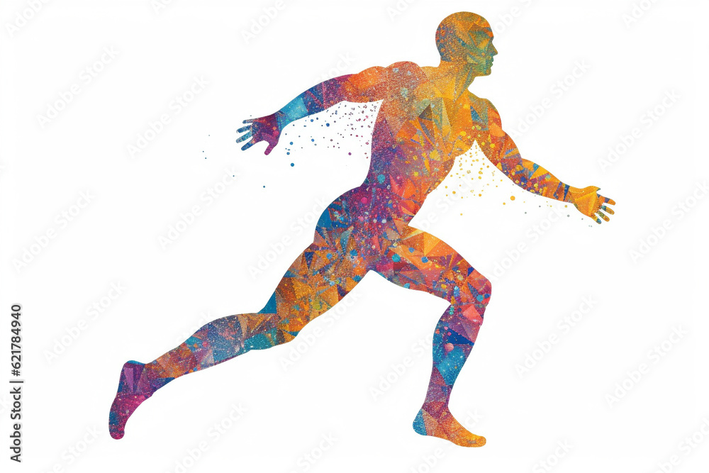 Silhouette of a running man crafted entirely from vibrant and colorful triangles, creating a dynamic prism effect against a clean white background. Ai generated Silhouette of a running man crafted entirely from vibrant and colorful triangles, creating a dynamic prism effect against a clean white background. Ai generated