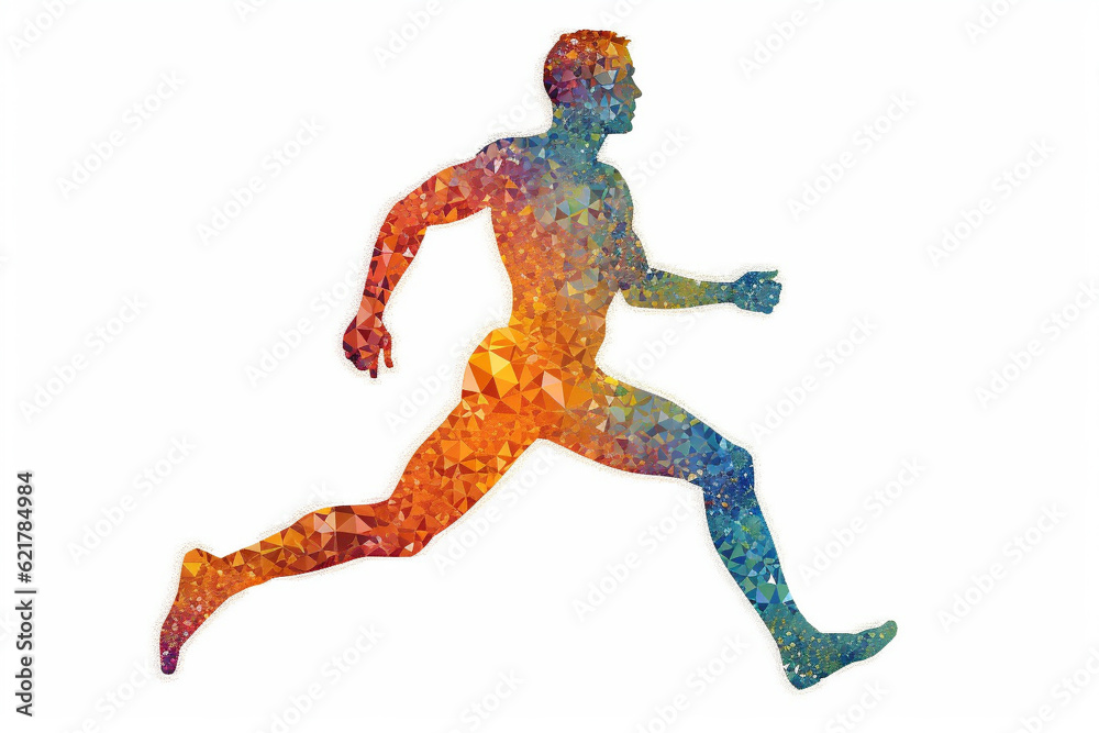 Silhouette of a running man crafted entirely from vibrant and colorful triangles, creating a dynamic prism effect against a clean white background. Ai generated