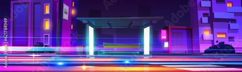 Neon city light on bus station with speed effect at night vector background. Abstract traffic fast motion line with flare on urban road landscape. Futuristic cityscape and highway illustration concept