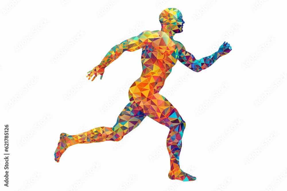 Silhouette of a running man crafted entirely from vibrant and colorful triangles, creating a dynamic prism effect against a clean white background. Ai generated Silhouette of a running man crafted entirely from vibrant and colorful triangles, creating a dynamic prism effect against a clean white background. Ai generated