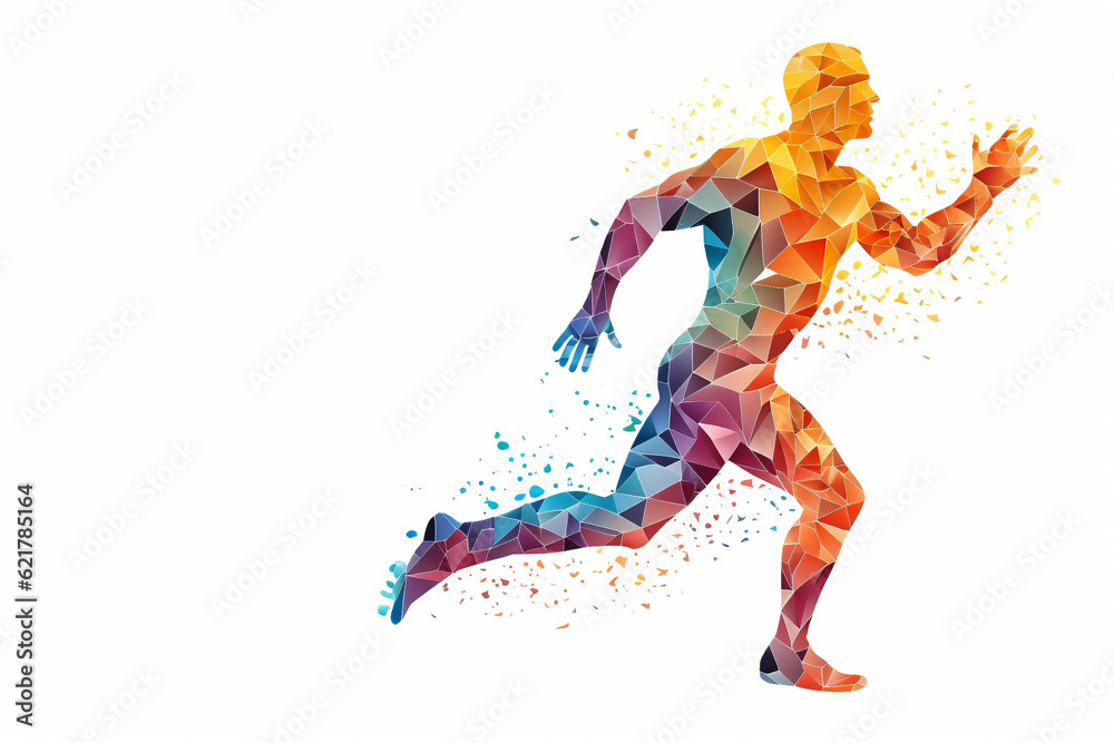 Silhouette of a running man crafted entirely from vibrant and colorful triangles, creating a dynamic prism effect against a clean white background. Ai generated Silhouette of a running man crafted entirely from vibrant and colorful triangles, creating a dynamic prism effect against a clean white background. Ai generated
