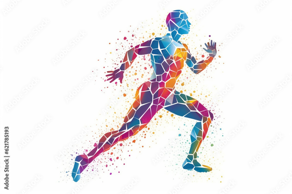 Silhouette of a running man crafted entirely from vibrant and colorful triangles, creating a dynamic prism effect against a clean white background. Ai generated