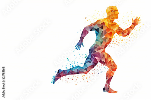 Silhouette of a running man crafted entirely from vibrant and colorful triangles, creating a dynamic prism effect against a clean white background. Ai generated © twindesigner