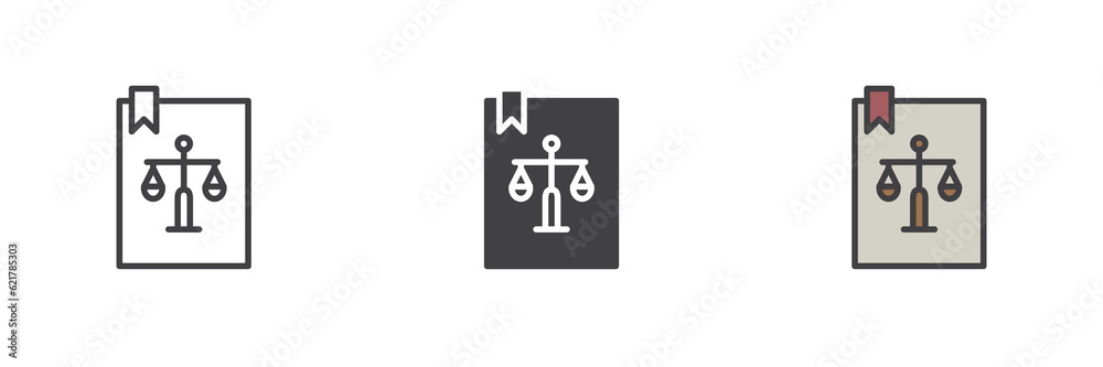 Law book different style icon set Law book different style icon set