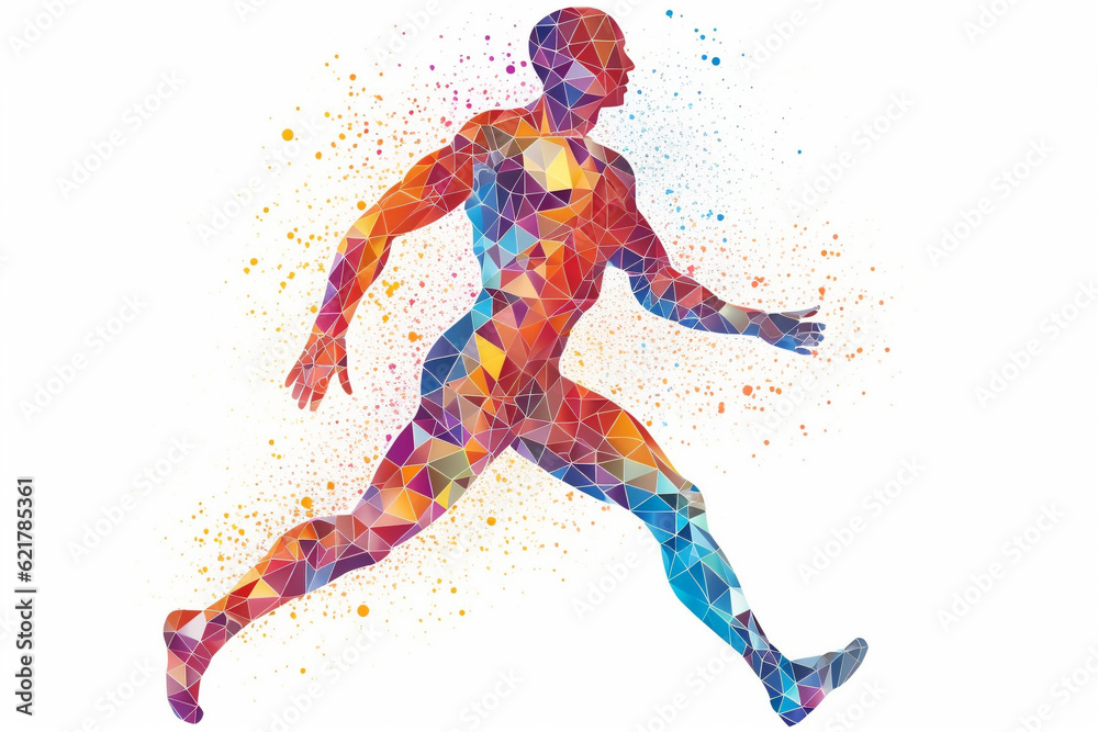 Fototapeta premium Silhouette of a running man crafted entirely from vibrant and colorful triangles, creating a dynamic prism effect against a clean white background. Ai generated