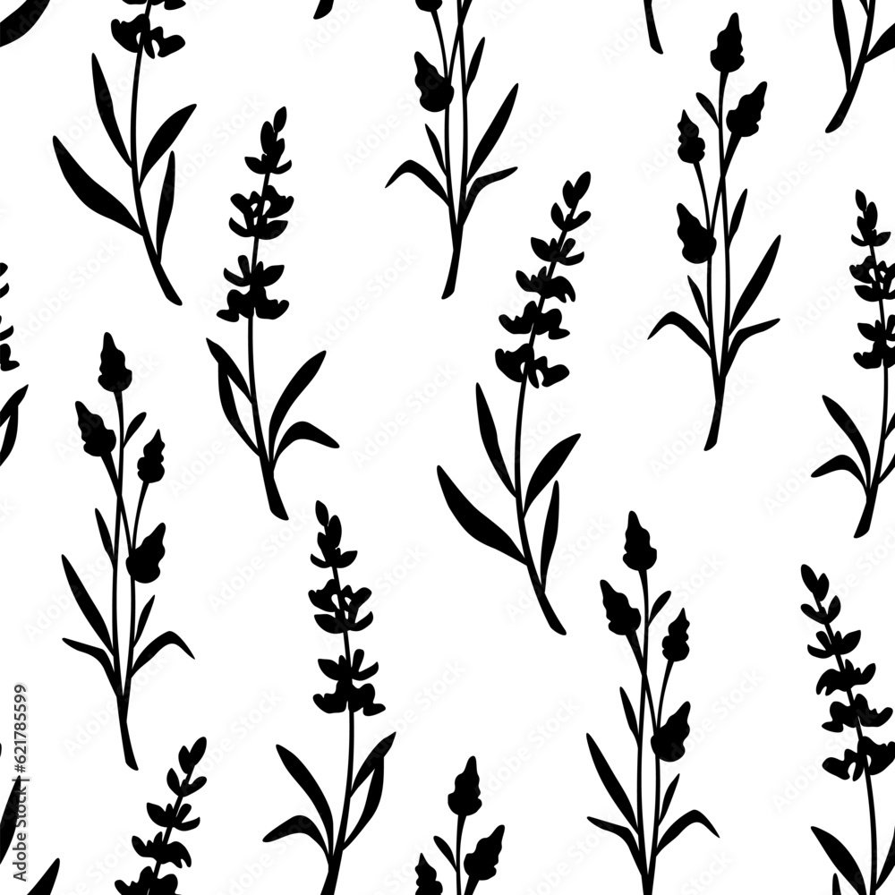 Seamless floral pattern with lavender flowers. Vector black and white floral print