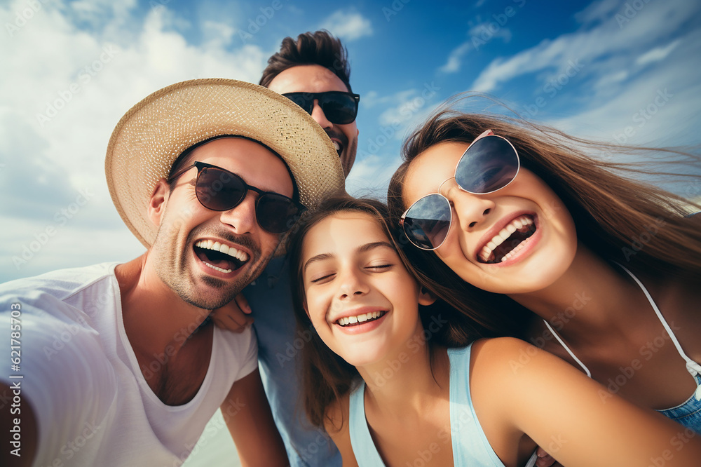 Happy family have fun Family tourism travel in summer and holiday for leisure and destination. Travel and Family Concept, Generative AI