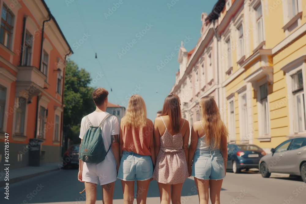 Back view of friend group are walking in downtown for trip on holiday ,Generative AI