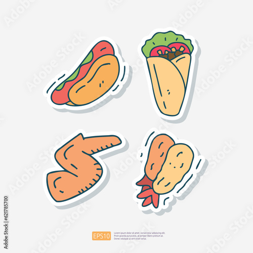 hot dog sausage, shawarma kebab, chicken wing, shrimp tempura doodle icon. Fast food Cute doodle. Cuisine and drink Sticker Set Vector Illustration