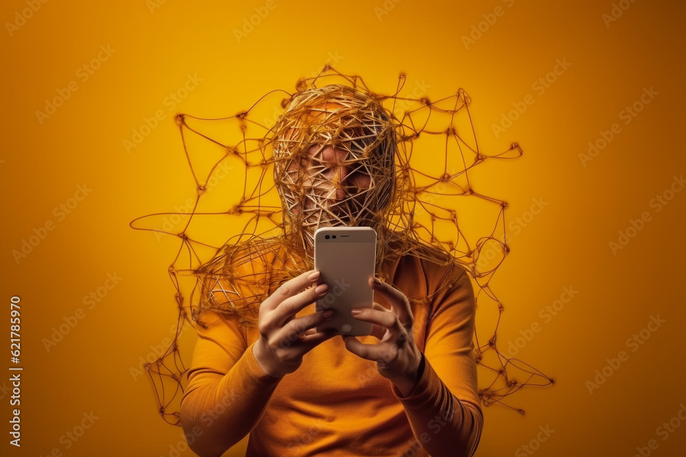 Man engrossed in his mobile phone, while his head is entangled with a chaotic web of wires. Social media addiction Concept and excessive mobile phone usage illustration. Ai generated
