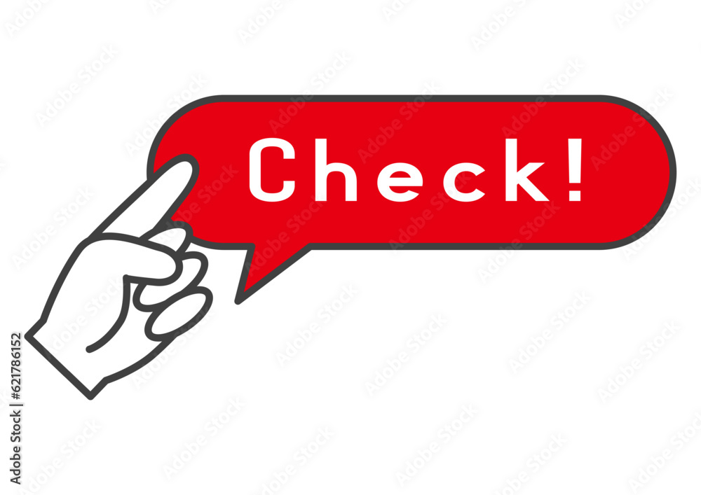 チェックマーク 赤いCHECKの吹き出しマークと指差し確認ポーズのアイコンのイラスト チェックマーク 赤いCHECKの吹き出しマークと指差し確認ポーズのアイコンのイラスト