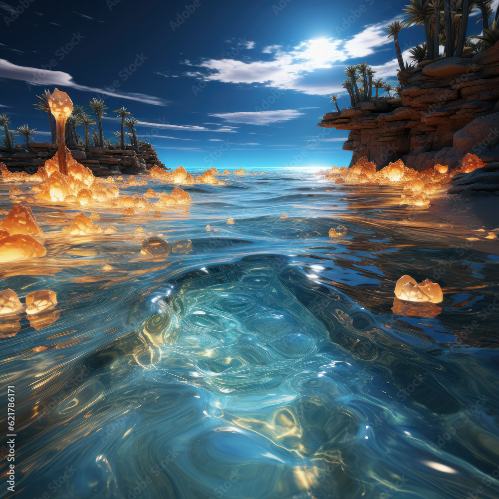 Scenic Seascape: Sun-Kissed Beach and Deep Blue Ocean, Water Fractals Sparkling in the Light,ai generative