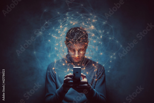 Man engrossed in his mobile phone, while his head is entangled with a chaotic web of wires. Social media addiction Concept and excessive mobile phone usage illustration. Ai generated photo
