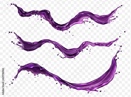 Purple grape juice splash vector berry water drop. Isolated realistic blueberry cocktail drink flow wave. Beetroot or blackberry violet sweet juicy stream illustration template set for advertising