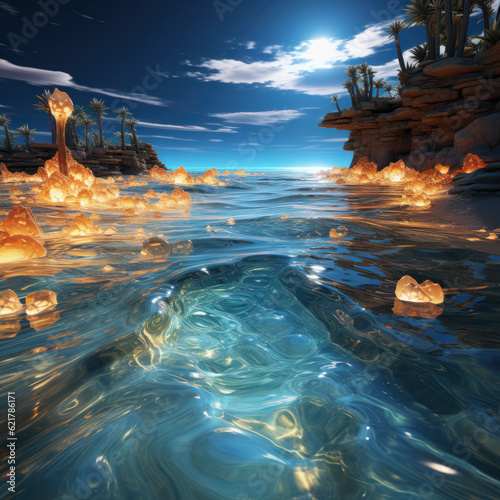 Scenic Seascape: Sun-Kissed Beach and Deep Blue Ocean, Water Fractals Sparkling in the Light,ai generative