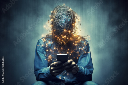 Man engrossed in his mobile phone, while his head is entangled with a chaotic web of wires. Social media addiction Concept and excessive mobile phone usage illustration. Ai generated