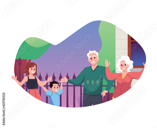 Cartoon vector isolated illustration of visit of grandchildren to grandparents, meeting of family at home courtyard
