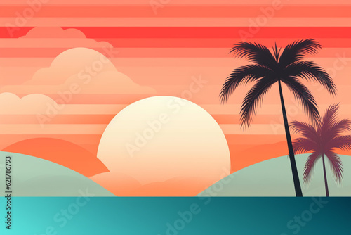 Summer illustration featuring a vibrant background adorned with flat design vector style elements. From palm trees swaying in the gentle breeze to playful waves and dreamy skies. Ai generated