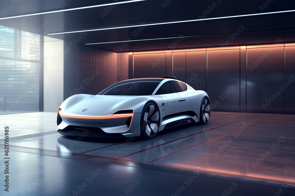 Futuristic electric car parked in a modern, underground, and futuristic parking facility. Ai generated