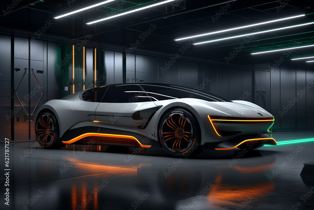 Obraz premium Futuristic electric car parked in a modern, underground, and futuristic parking facility. Ai generated