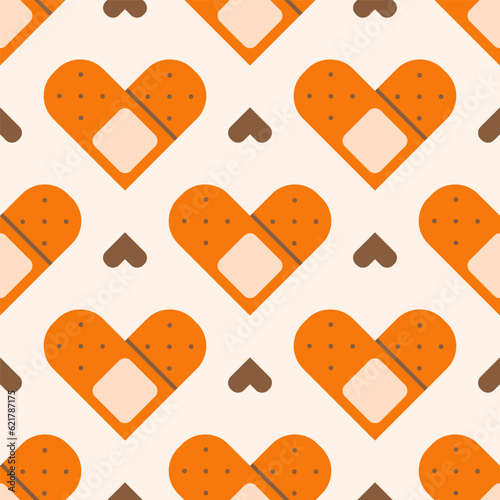 Flat cute seamless pattern of medical plaster with hearts. Blood donation print design in doodle style..