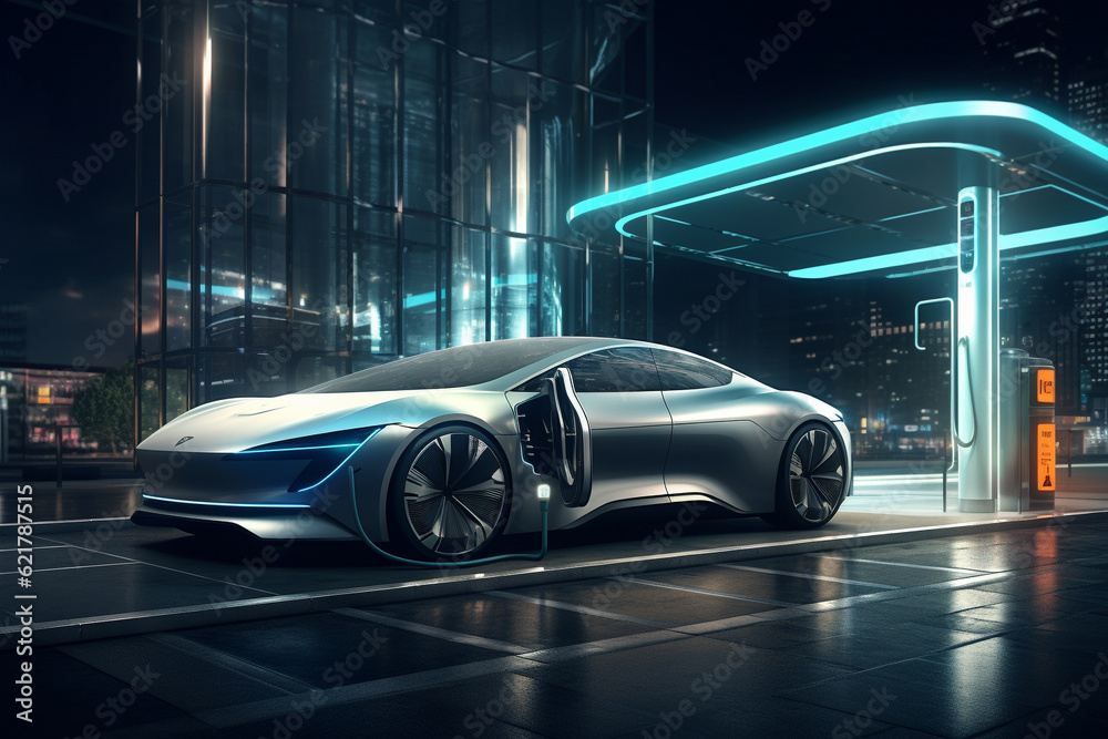 Naklejka premium Futuristic electric car parked in a modern, underground, and futuristic parking facility. Ai generated