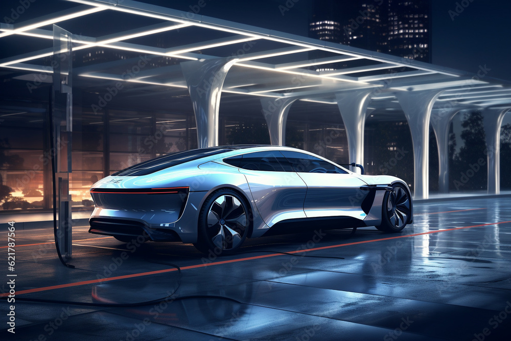 Futuristic electric car parked in a modern, underground, and futuristic parking facility. Ai generated Futuristic electric car parked in a modern, underground, and futuristic parking facility. Ai generated