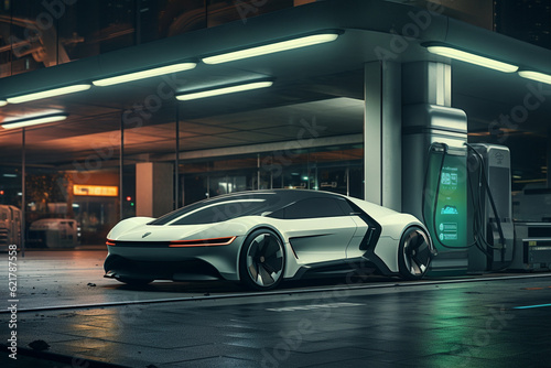 Futuristic electric car parked in a modern, underground, and futuristic parking facility. Ai generated © twindesigner