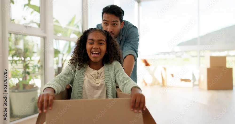 New home, dad and daughter playing with box, smile and happiness while moving to apartment. Energy, fantasy and play, father and child with boxes on living room floor, property and family investment. New home, dad and daughter playing with box, smile and happiness while moving to apartment. Energy, fantasy and play, father and child with boxes on living room floor, property and family investment.