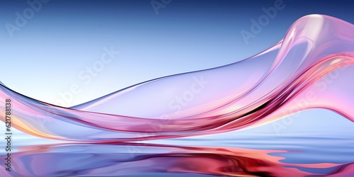 Glass ribbon on water. Holographic shape in motion. Iridescent gradient digital art for banner background, wallpaper. Transparent glossy design element flying in seascape, AI generative © Lucky Ai