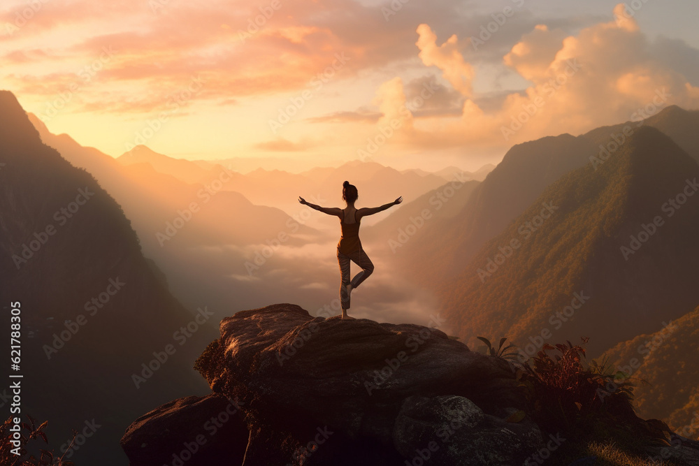 Illustration depicting a woman gracefully practicing yoga on a majestic mountain at sunset. Woman asana position on a mountain top. Ai generated