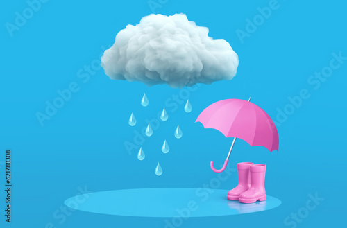 Pink umbrella and rubber boots under rain cloud on blue background