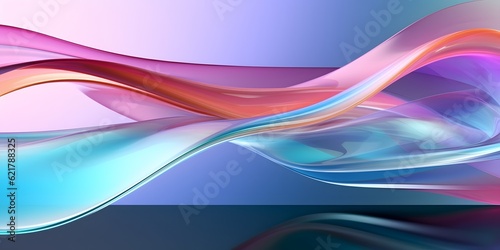 Glass ribbon on water. Holographic shape in motion. Iridescent gradient digital art for banner background, wallpaper. Transparent glossy design element flying in seascape, AI generative © Lucky Ai