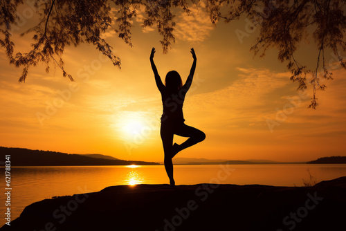Illustration depicting a woman gracefully practicing yoga on a majestic mountain at sunset. Woman asana position on a mountain top. Ai generated © twindesigner