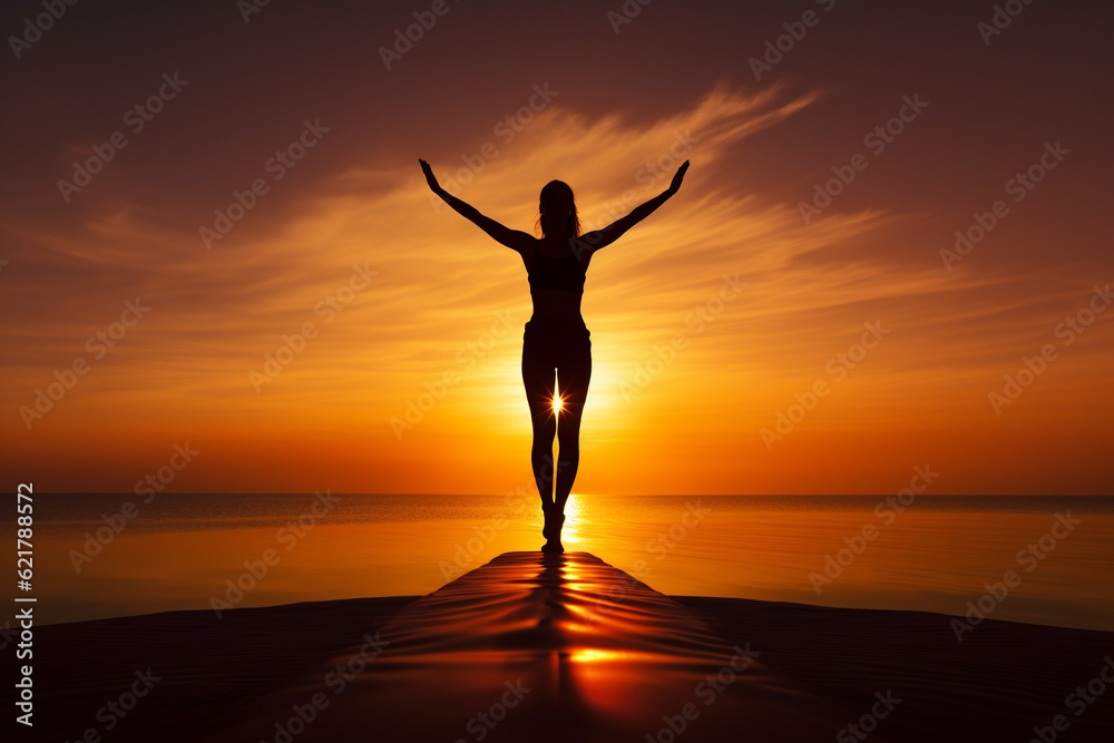 Illustration depicting a woman gracefully practicing yoga on a majestic mountain at sunset. Woman asana position on a mountain top. Ai generated