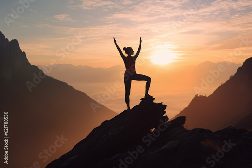 Illustration depicting a woman gracefully practicing yoga on a majestic mountain at sunset. Woman asana position on a mountain top. Ai generated