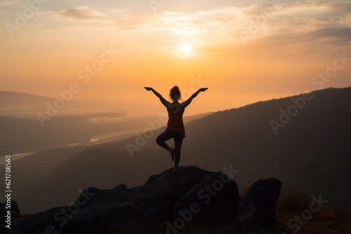 Illustration depicting a woman gracefully practicing yoga on a majestic mountain at sunset. Woman asana position on a mountain top. Ai generated
