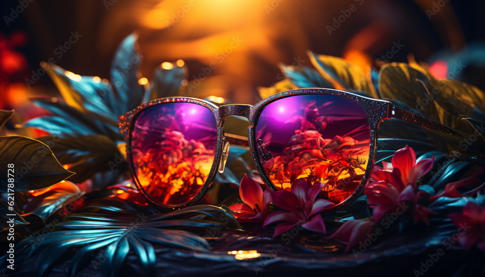 Colorful sunglasses on a tropical environment Colorful sunglasses on a tropical environment