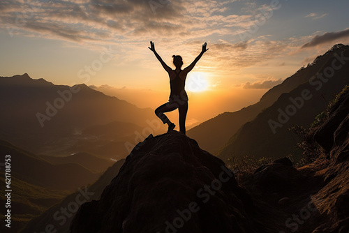 Illustration depicting a woman gracefully practicing yoga on a majestic mountain at sunset. Woman asana position on a mountain top. Ai generated