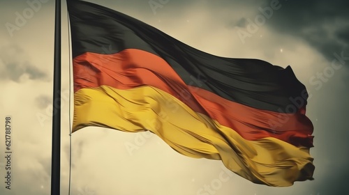 German flag waving in the wind on blue sky background with sun flare. Big Flag of Germany on a sunny beautiful bright summer day. German flag waving in the wind. . © Valua Vitaly