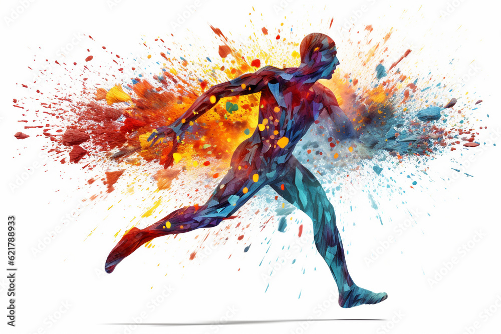 Running man silhouette crafted entirely from vibrant and colorful triangles and a splash of colors, creating a dynamic prism effect against a clean white background. Ai generated Running man silhouette crafted entirely from vibrant and colorful triangles and a splash of colors, creating a dynamic prism effect against a clean white background. Ai generated