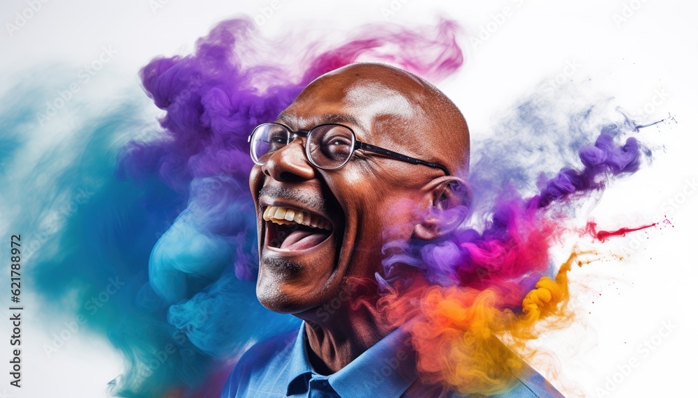 Happy black old man smiling in a cloud of colorful smoke, color explosion, holi, age-positivity, against ageism, having fun, over 50, colors, party, peace, inclusive, freedom. Generative AI.