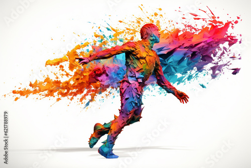 Running man silhouette crafted entirely from vibrant and colorful triangles and a splash of colors, creating a dynamic prism effect against a clean white background. Ai generated © twindesigner
