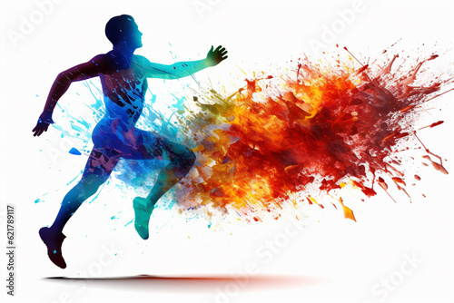 Running man silhouette crafted entirely from vibrant and colorful triangles and a splash of colors  creating a dynamic prism effect against a clean white background. Ai generated